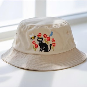Embroidered Black Cat Meadow Vintage Washed Bucket Hat, Black Cat Lover Hat, Summer Women Hat, Gift For Her