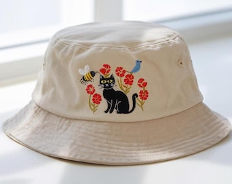 Embroidered Black Cat Meadow Vintage Washed Bucket Hat, Black Cat Lover Hat, Summer Women Hat, Gift For Her