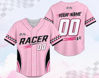 Custom Pink Racing Jersey, Personalized Name Number Shirt, Race Car Birthday Outfit, Checkered Flag Jersey, Kids Motorsport Gift For Girl