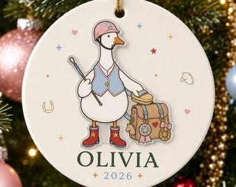 Personalized Goose Equestrian 2 Layer Ceramic Ornament, Custom Name Horse Rider Christmas Keepsake, Riding Instructor Holiday Gift for Her