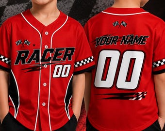 Custom Red Racing Jersey, Personalized Name Number Racer Shirt, Kids Race Car Birthday Outfit, Checkered Flag Motorsport Gift Boy Birthday