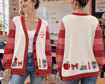 Personalized Teacher PRINTED Cardigan Shirt, Custom Teacher Name Knit Cardigan, Back to School Teacher Gift, Cute Classroom Teacher Shirt