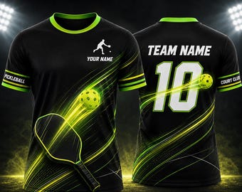 Custom Pickleball Jersey, Personalized Team Name & Number Shirt, Black Neon Green Sports Uniform, Youth Adult Court Club Gift for Players