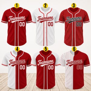 May include: Six baseball jerseys in red, white, and red pinstripes. Each jersey features "Teamname" and the number "00". The jerseys have different color combinations and designs, including solid colors and striped patterns.