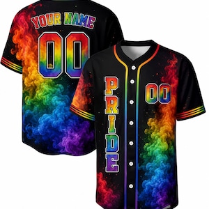 May include: Black baseball jersey with rainbow-colored accents and the word "PRIDE" vertically down the front. The back features the text "YOUR NAME" above the number "00", both in rainbow colors. The jersey has a button-up front and short sleeves.