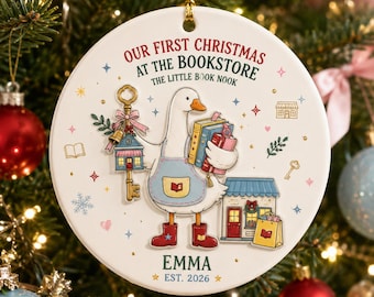 Personalized Goose Bookstore 2 Layer Ceramic Ornament, First Christmas at Bookshop Keepsake, Custom Business Name Grand Opening Gift 2026