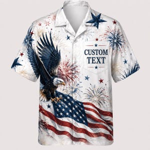 Custom Patriotic Hawaiian Shirt, Personalized Eagle American Flag Fireworks Button Down, Summer Aloha Shirt, USA Summer Gift for Men