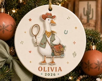 Personalized Cowgirl Goose 2 Layer Ceramic Ornament 2026, Custom Name Western Christmas Ornament, Cowboy Duck Gift for Her, 2026 Keepsake