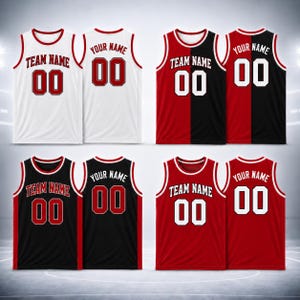 May include: Four sets of sleeveless basketball jerseys shown from front and back views. The jerseys feature the text TEAM NAME and YOUR NAME with the number 00 in various colour combinations including white, red, and black with contrasting trim.
