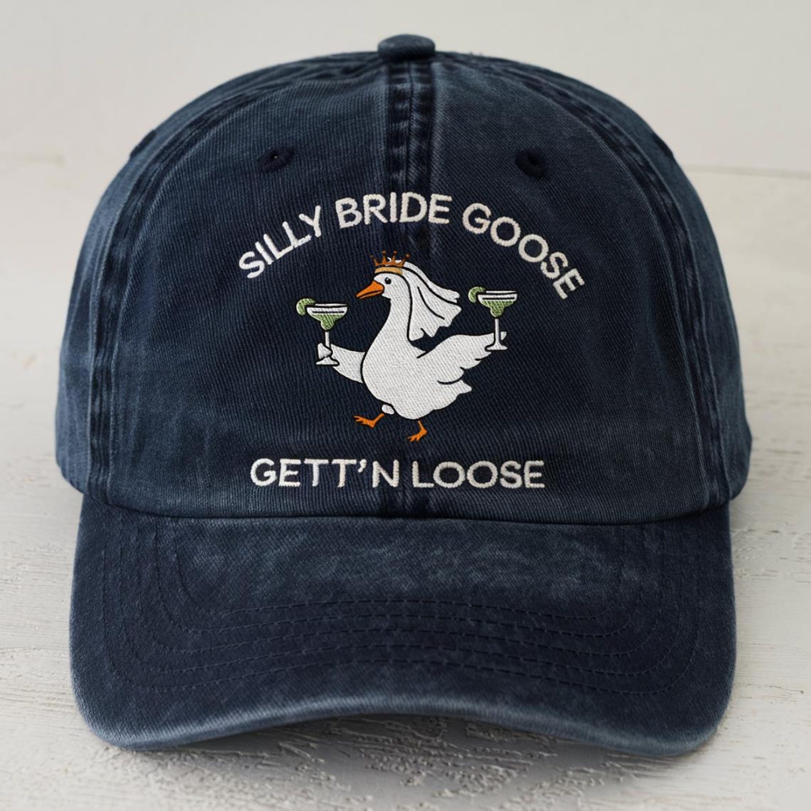Embroidered Funny Goose Bride Hat - Navy