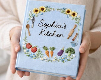 Personalized Hand Embroidered Recipe Book Custom Name Cookbook Journal Floral Kitchen Notebook Gift for Baker Home Chef, Mother Day Book