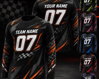 Personalized Racing Long Sleeve Jersey, Custom Team Name Number Shirt, Motorsport Racing Jersey,Checkered Flag Team Shirt, Custom Racer Gift