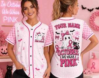 Personalized In October We Wear Pink Baseball Jersey, Custom Breast Cancer Awareness Shirt, Ghost Pink Ribbon Halloween Jersey Team Shirt