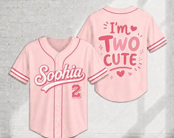 Personalized Two Cute Birthday Jersey, Custom Name Number Pink Baseball Shirt, Girls 2nd Birthday Outfit, Toddler Party Top, Birthday Girl