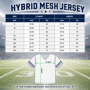 May include: A size chart for a hybrid mesh jersey featuring a table with measurements in inches and centimeters for sizes S through 5XL. The chart includes columns for 1/2 bust and length, with a diagram of a white V-neck jersey showing these dimensions.