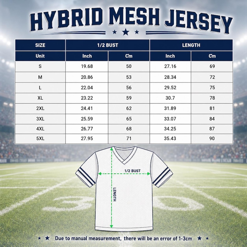 May include: A size chart for a hybrid mesh jersey featuring a table with measurements in inches and centimeters for sizes S through 5XL. The chart includes columns for 1/2 bust and length, with a diagram of a white V-neck jersey showing these dimensions.