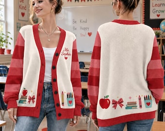 Personalized Teacher Cardigan Sweater, Custom Teacher Name Knit Cardigan, Back to School Teacher Gift, Cute Classroom Apparel. Teacher Shirt