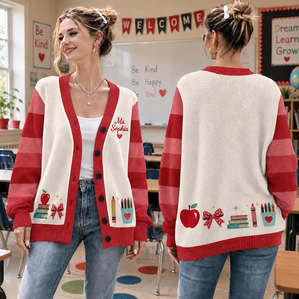 Personalized Teacher Printed Cardigan Sweater, Custom Teacher Name Knit Cardigan, Back to School Teacher Gift, Cute Classroom Teacher Shirt