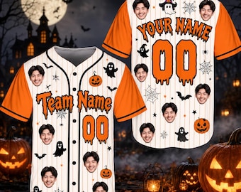 Custom Halloween Baseball Jersey, Personalized Face Photo Baseball Shirt, Team Halloween Jersey, Ghost Pumpkin Costume, Family Matching