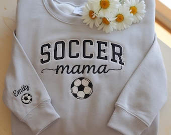 Embroidered Personalize Soccer Mom Kids Name On Sleeve Sweatshirt, Mom Soccer Sweater, Soccer Mama Shirt, Gift for Soccer Mom, Soccer Season