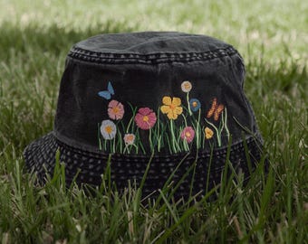 Embroidered Flower Summer Bucket Hat, Cottage core Beach Hat, Sun Garden Hat, Gift For Mom