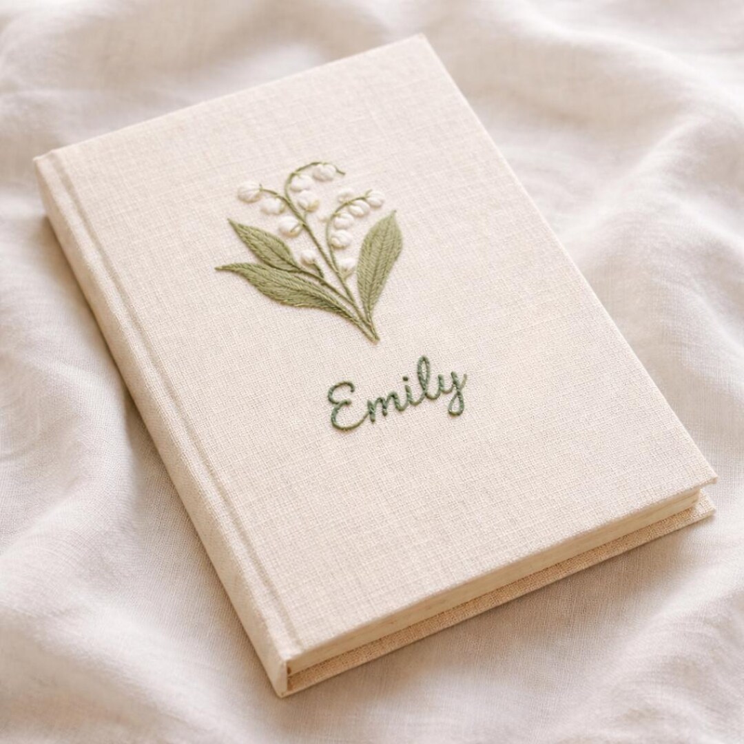 Birth Note Book Personalized Birth Flower Embroidered Linen Journal, Custom Name ...