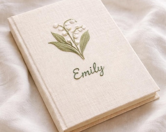 Personalized Birth Flower Embroidered Linen Journal, Custom Name Notebook, Birthday Note Books, Mother Day Gift Note Books Custom Name