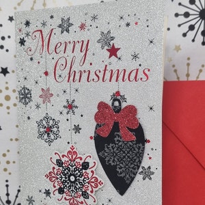 Kartka świąteczna, kartka, Boże Narodzenie, gwiazda, śnieżynka, płatek śniegu, Mikołaj, skarpeta, choinka, bombka, Joyeux Noël, 3D
