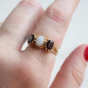 Antique Victorian 9k Solid Gold Opal and Garnet Trilogy Ring - Size 7.5 US