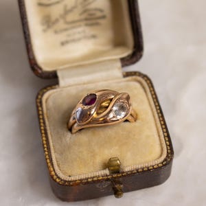 Op de afbeelding: Een gouden ring met een rode en witte steen gezet in een slangendesign. De ring zit in een bruine fluwelen ringdoos.