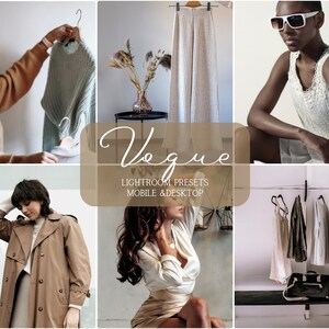 Op de afbeelding: Een collage van modebeelden met kleding en accessoires. Bevat een lichtblauwe trui, een geplooide broek, een trenchcoat en een model met zonnebril en een witte top. Het woord "Vogue" wordt weergegeven.
