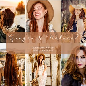 Op de afbeelding: Een collage van foto's met een vrouw met lang, rood haar die verschillende outfits en hoeden draagt. De tekst "Ginger & Natural" is over de afbeelding gelegd. De tekst "Lightroom Presets Mobile & Desktop" is ook in de afbeelding opgenomen.