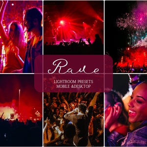 Può includere: Un collage di immagini che mostrano una folla di concerti, un palco con luci rosse e fuochi d'artificio che esplodono nel cielo notturno. Il testo "Rave Lightroom Presets Mobile & Desktop" è visualizzato in una casella color borgogna.
