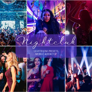 Könnte beinhalten: Eine Collage aus Bildern, die eine Nachtclubszene mit tanzenden Menschen, fallenden Konfetti und bunten Lichtern zeigen. Der Text "Nightclub" ist in einer stilisierten Schriftart über dem gesamten Collage geschrieben. Der Text "Lightroom Presets Mobile & Desktop" ist in einer kleineren Schriftart unter dem Wort "Nightclub" geschrieben.