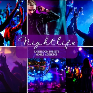 Op de afbeelding: Een collage van afbeeldingen die een nachtlevenscène laten zien met mensen die dansen, drinken en plezier hebben. De afbeeldingen zijn in een levendig kleurenpalet van blauw, paars en rood. De tekst "Nightlife Lightroom Presets Mobile & Desktop" wordt weergegeven in een paarse doos.