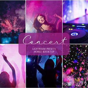 Puede incluir: Un collage de imágenes que representan una escena de concierto. Las imágenes muestran una multitud de personas, un escenario con un DJ, confeti cayendo y una mujer con los brazos en alto. El texto "Concert Lightroom Presets Mobile & Desktop" se muestra en el centro del collage.