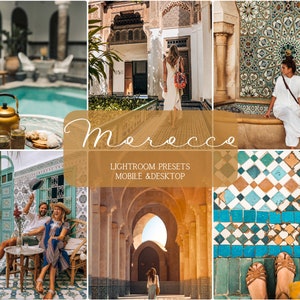 Könnte beinhalten: Eine Collage von Bildern, die die Schönheit Marokkos zeigen. Die Bilder zeigen komplizierte Fliesenarbeiten, traditionelle Architektur und Menschen, die die Stadt erkunden. Der Text "Morocco Lightroom Presets Mobile & Desktop" wird in der Mitte der Collage angezeigt.