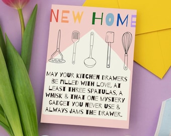 Tarjeta divertida para estrenar casa / Saludo para amantes de los aparatos de cocina, dibujada a mano por un artista británico.