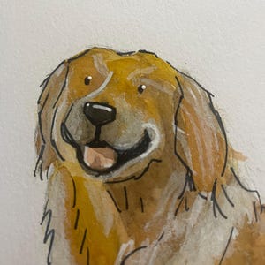 Puede incluir: Ilustraci&oacute;n en acuarela de un perro golden retriever con una expresi&oacute;n feliz. El perro tiene un pelaje marr&oacute;n claro y blanco, con una nariz negra y una lengua rosada. El perro est&aacute; sonriendo, con la boca abierta.