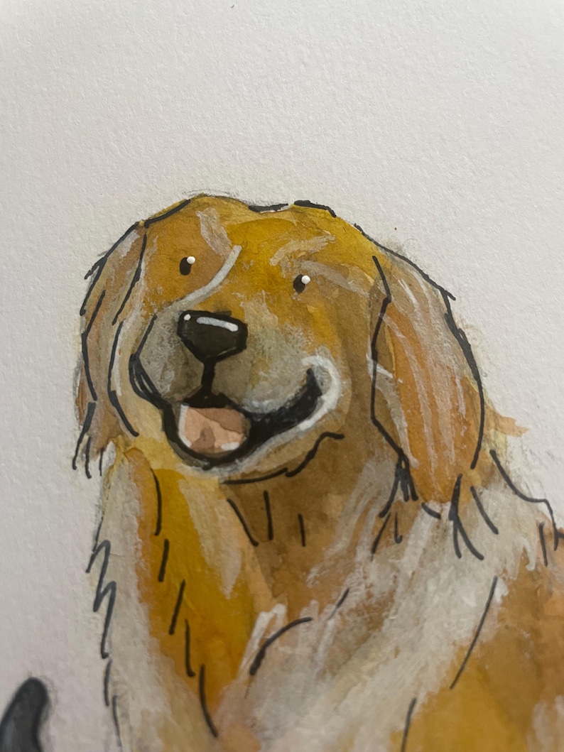 Puede incluir: Ilustraci&oacute;n en acuarela de un perro golden retriever con una expresi&oacute;n feliz. El perro tiene un pelaje marr&oacute;n claro y blanco, con una nariz negra y una lengua rosada. El perro est&aacute; sonriendo, con la boca abierta.
