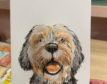 Boceto de mascota en acuarela suelta, tamaño A6, estilo cuaderno de bocetos, retrato rápido, divertido y expresivo. Regalo para mascotas.