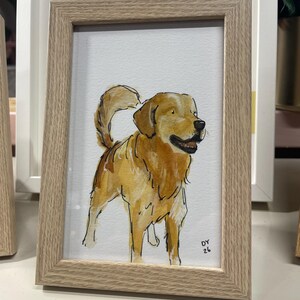 Puede incluir: Pintura a la acuarela de un perro golden retriever en un marco de madera marr&oacute;n claro. El perro est&aacute; representado en tonos dorados y marrones, con una cola esponjosa y una expresi&oacute;n feliz. La obra est&aacute; firmada "DY 26" en la esquina inferior derecha.