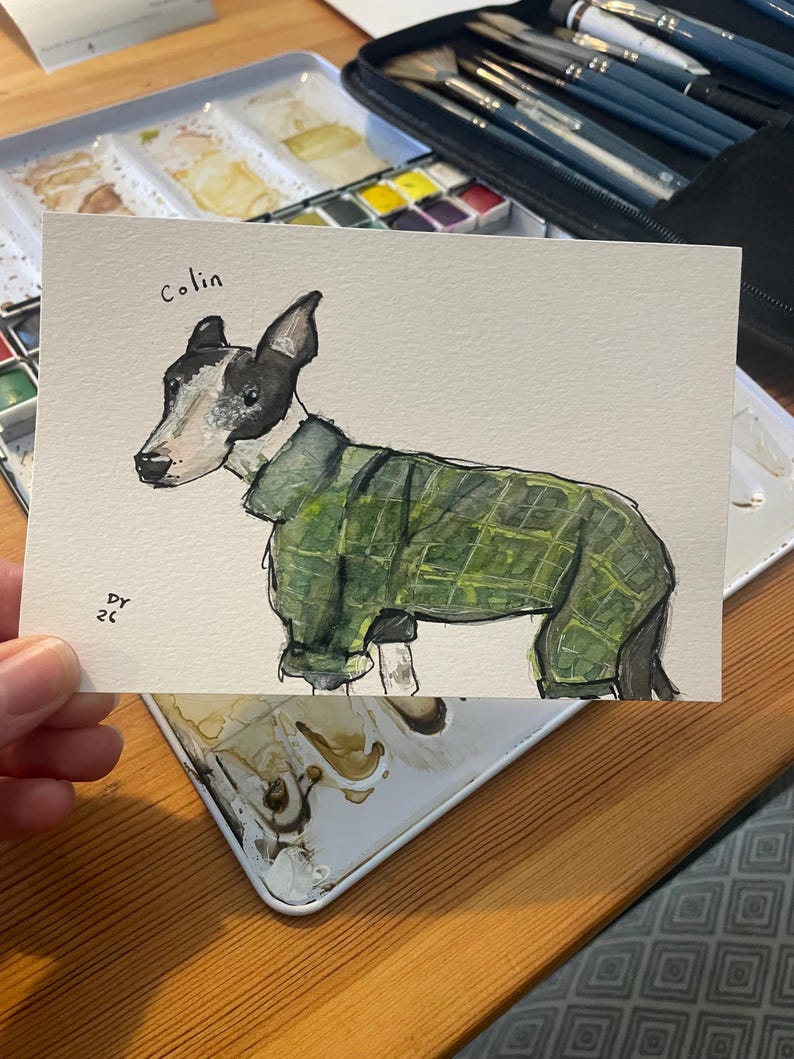 Boceto de mascota en acuarela suelta, tamaño A6, estilo cuaderno de bocetos, retrato rápido, divertido y expresivo. Regalo para mascotas. imagen 11