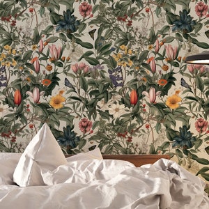 Colorful Botanical Wallpaper, Peel Stick Floral Wallpaper, Removable Butterfly Wall Mural