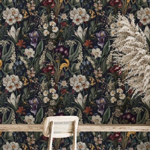 Dark Botanical Wallpaper, Colorful Floral Peel Stick Wallpaper, Secret Garden Wall Mural