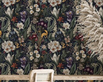 Dark Botanical Wallpaper, Colorful Floral Peel Stick Wallpaper, Secret Garden Wall Mural