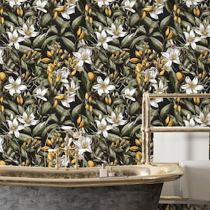 Botanical Wallpaper, Yellow Floral Wall Mural, Dark Floral Wallpaper, Colorful Botanical