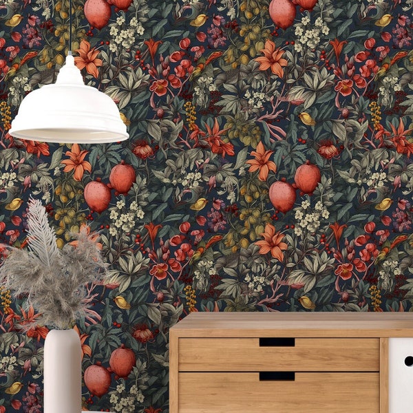 Botanical Wallpaper, Dark Floral Mural, Secret Garden Wallpaper, Vintage Removable Wall Mural