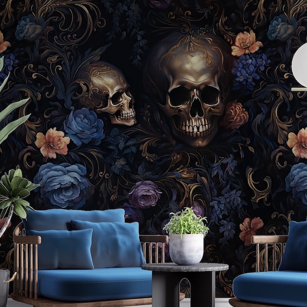 Dark Floral Skull Wallpaper, Golden Skull Gothic Wall Mural, Gothic Dark Blue Floral Mural, Temporary Peel Stick Wallpaper