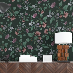 Dark Floral Wallpaper, Colorful Flower Wall Mural, Dark Botanical Peel Stick Wallpaper